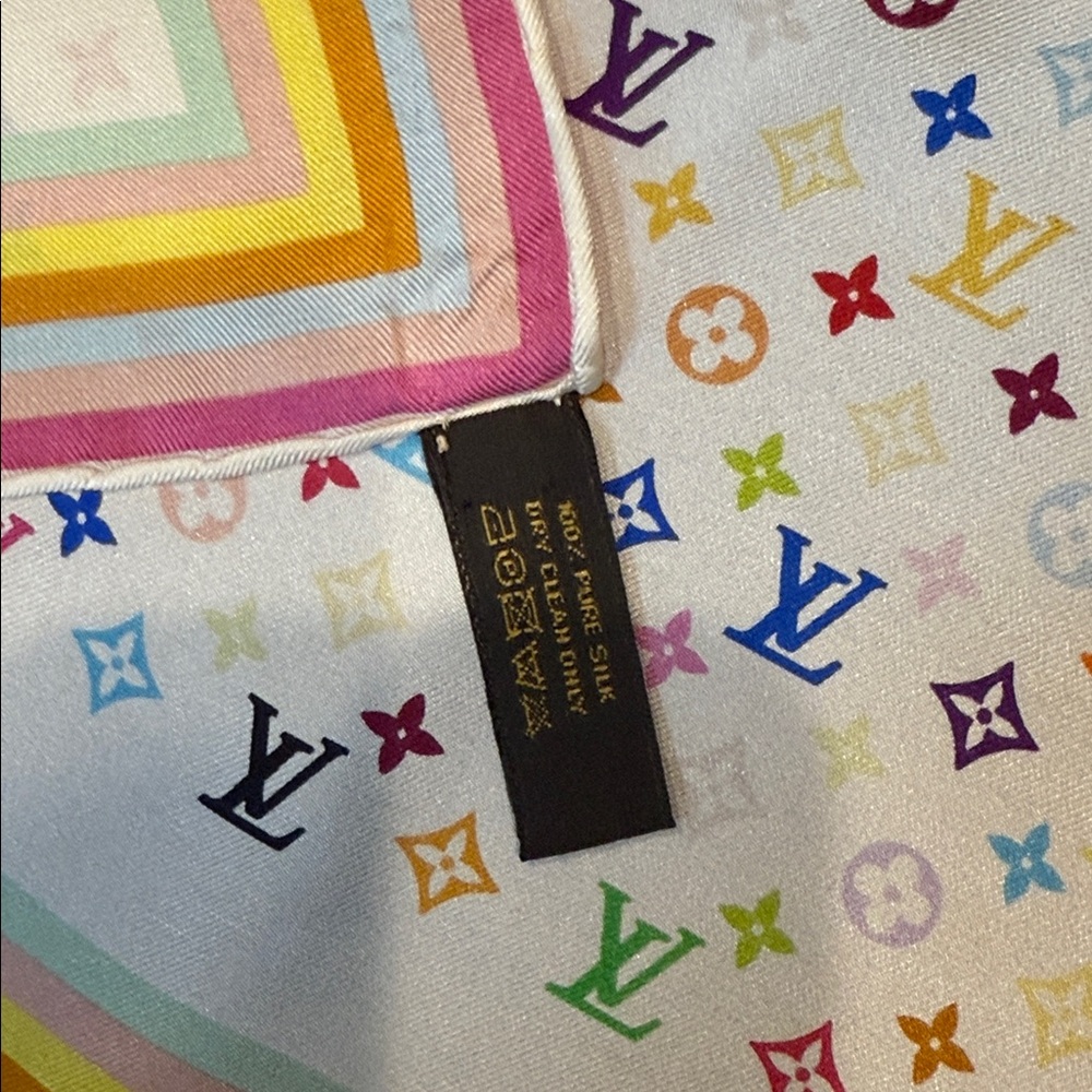 Louis Vuitton Takashi Murakami White Multicolor Silk Scarf 26.5x26.5” - Picture 9 of 13